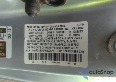 2015 Honda Civic Ex z USA, uszkodzony, nr VIN 2HGFG3B86FH502673